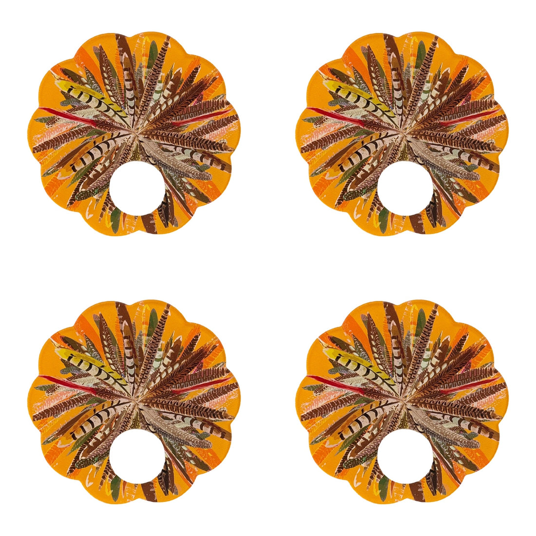 Pheasant Feathers Butternut Acrylic Scallop Napkin Ring - Set of 4