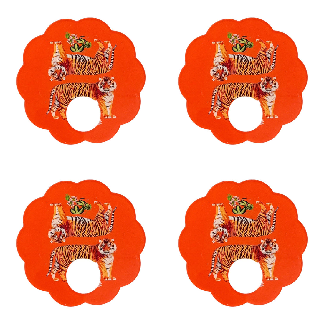 Tiger Seeing Double Orangerie Acrylic Scallop Napkin Ring - Set of 4