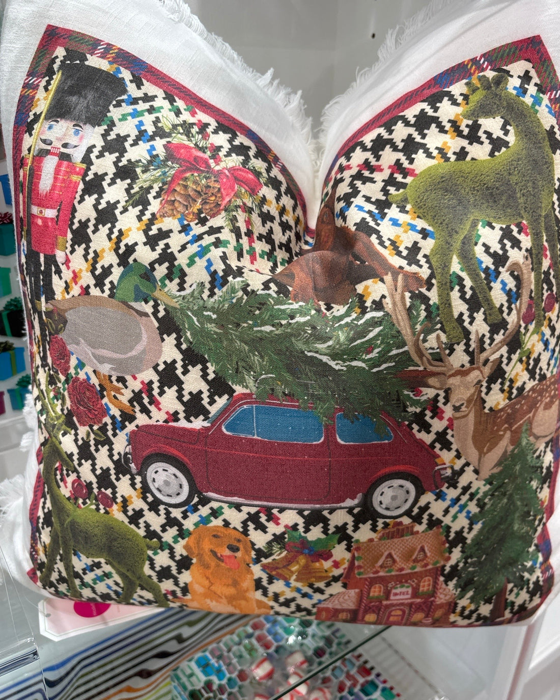 Ultimate Christmas Multi Plaid 22x22 White Fringe Pillow