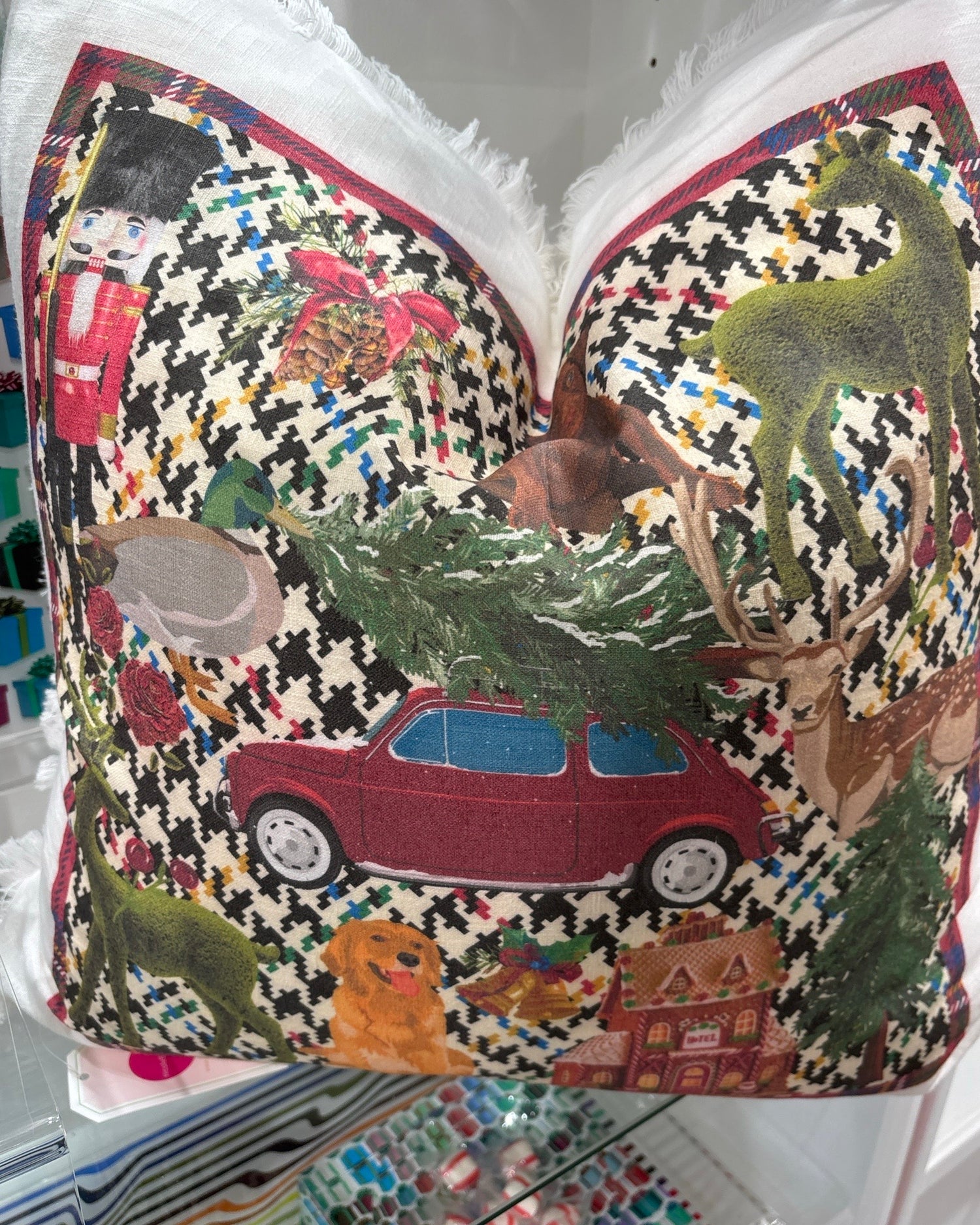 Ultimate Christmas Multi Plaid 22x22 White Fringe Pillow