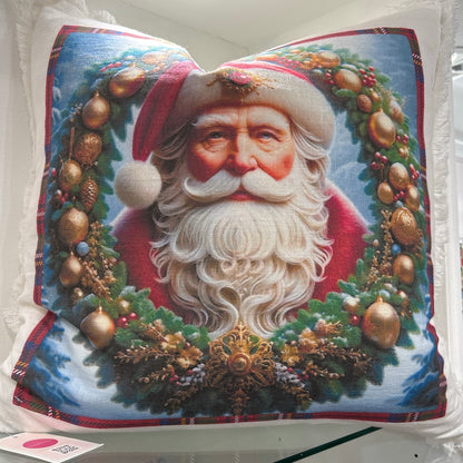 Santa Claus 22x22 White Fringe Pillow