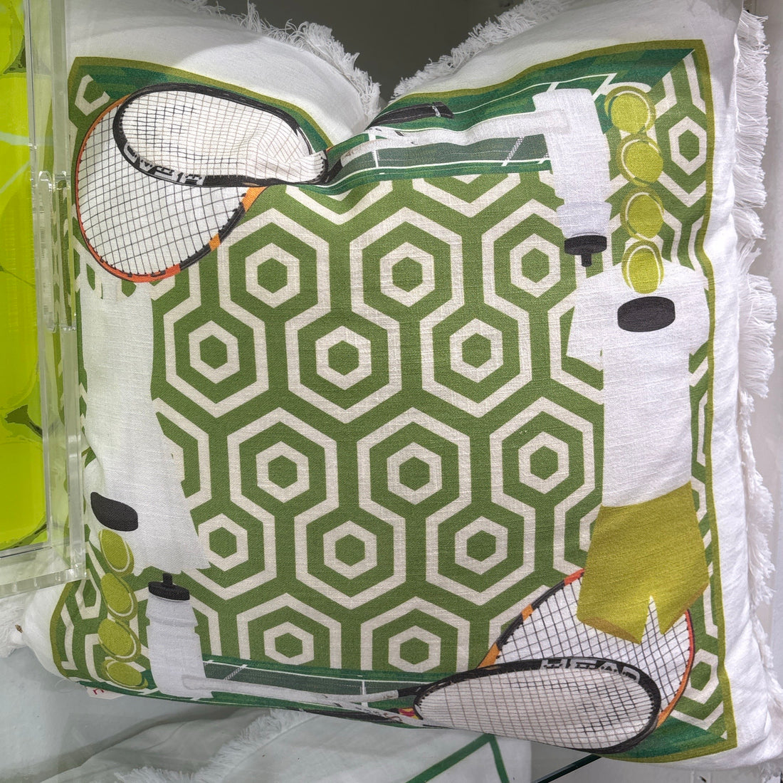 Tennis Anyone Green White 22x22 White Fringe Pillow