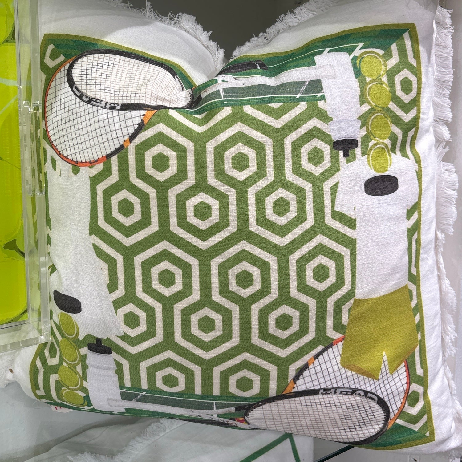 Tennis Anyone Green White 22x22 White Fringe Pillow