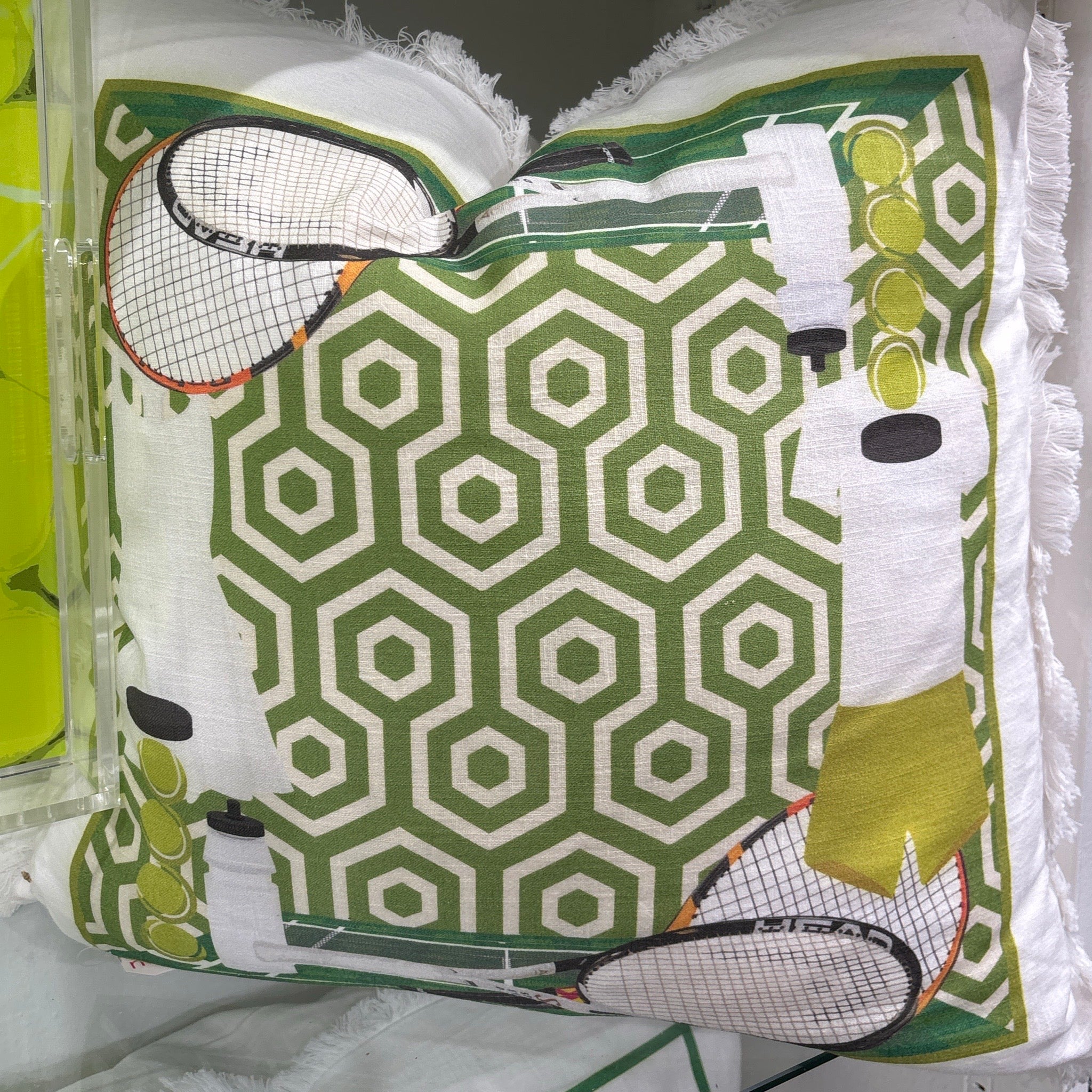 Tennis Anyone Green White 22x22 White Fringe Pillow