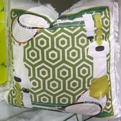Tennis Anyone Green White 22x22 White Fringe Pillow