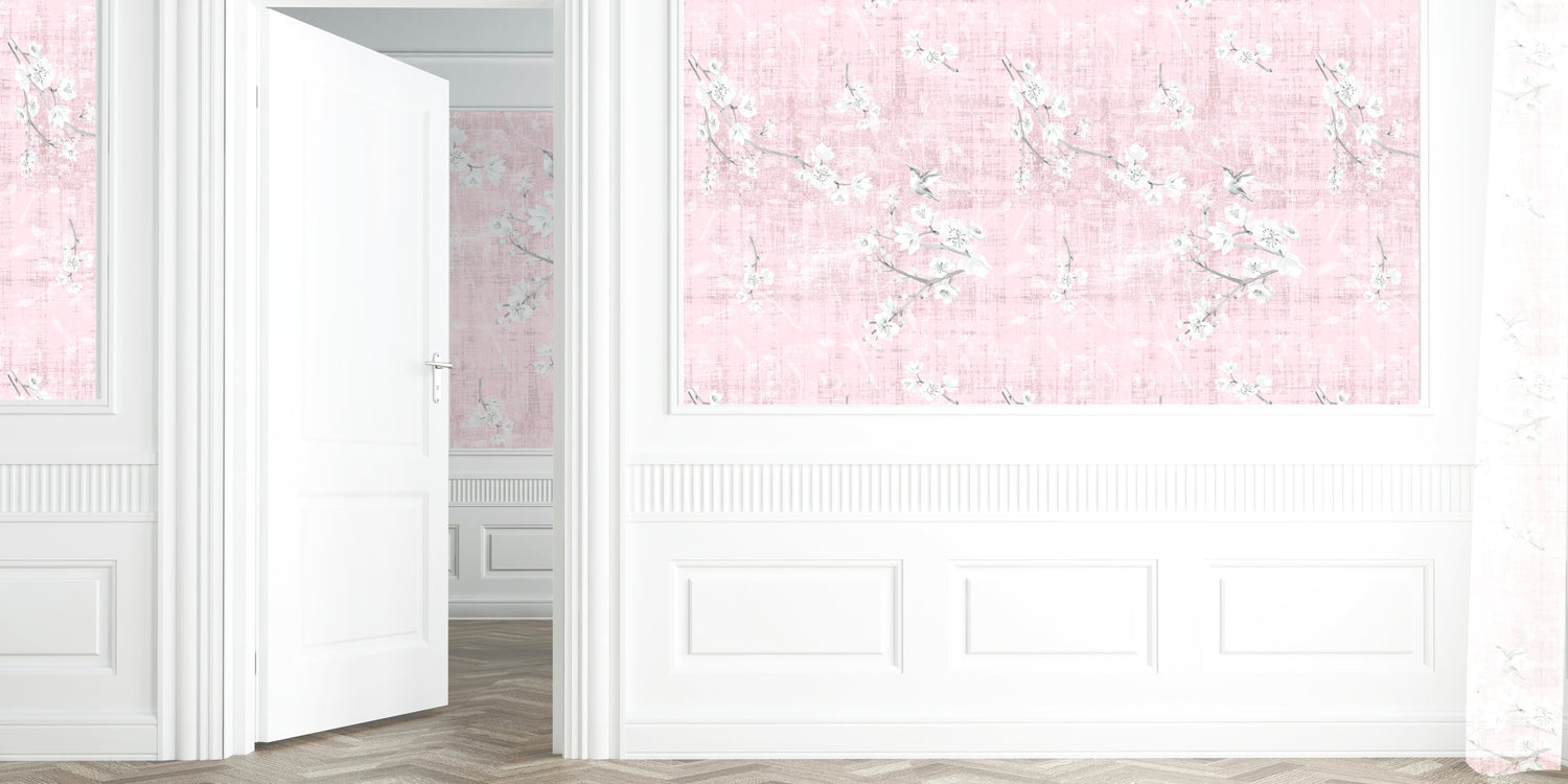 Blossom Fantasia Soft Pink Grasscloth Printed Wallpaper - nicolettemayer.com