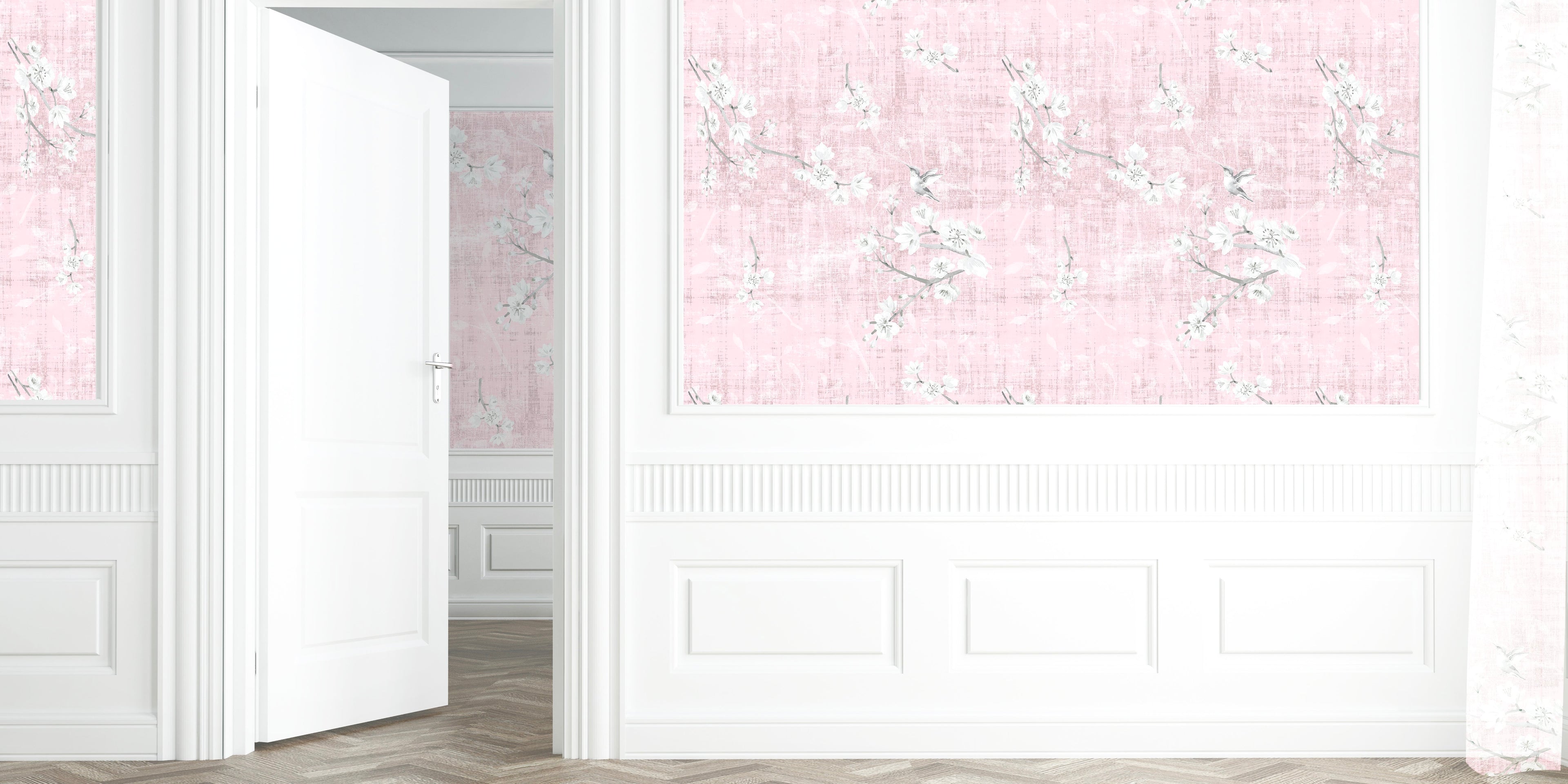 Blossom Fantasia Soft Pink Grasscloth Printed Wallpaper - nicolettemayer.com