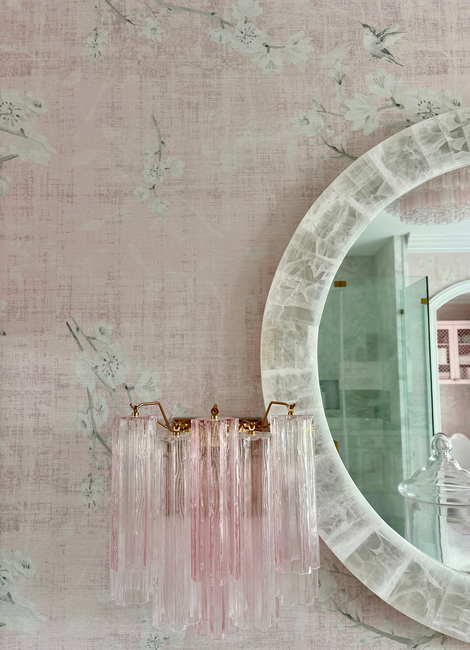 Blossom Fantasia Soft Pink Grasscloth Printed Wallpaper - nicolettemayer.com