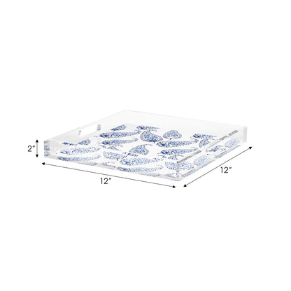 Indian Paisley Blue White Acrylic Decorative Tray, 12 x 12 in. by Nicolette Mayer 
