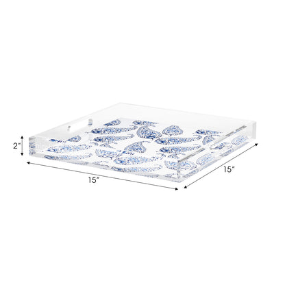 Indian Paisley Blue White Acrylic Decorative Tray, 15 x 15 in. by Nicolette Mayer 