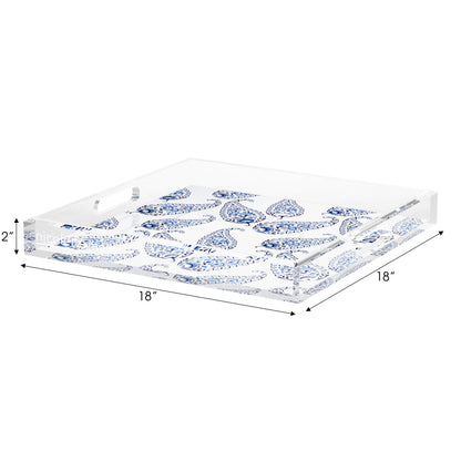 Indian Paisley Blue White Acrylic Decorative Tray, 18 x 18 in. by Nicolette Mayer 