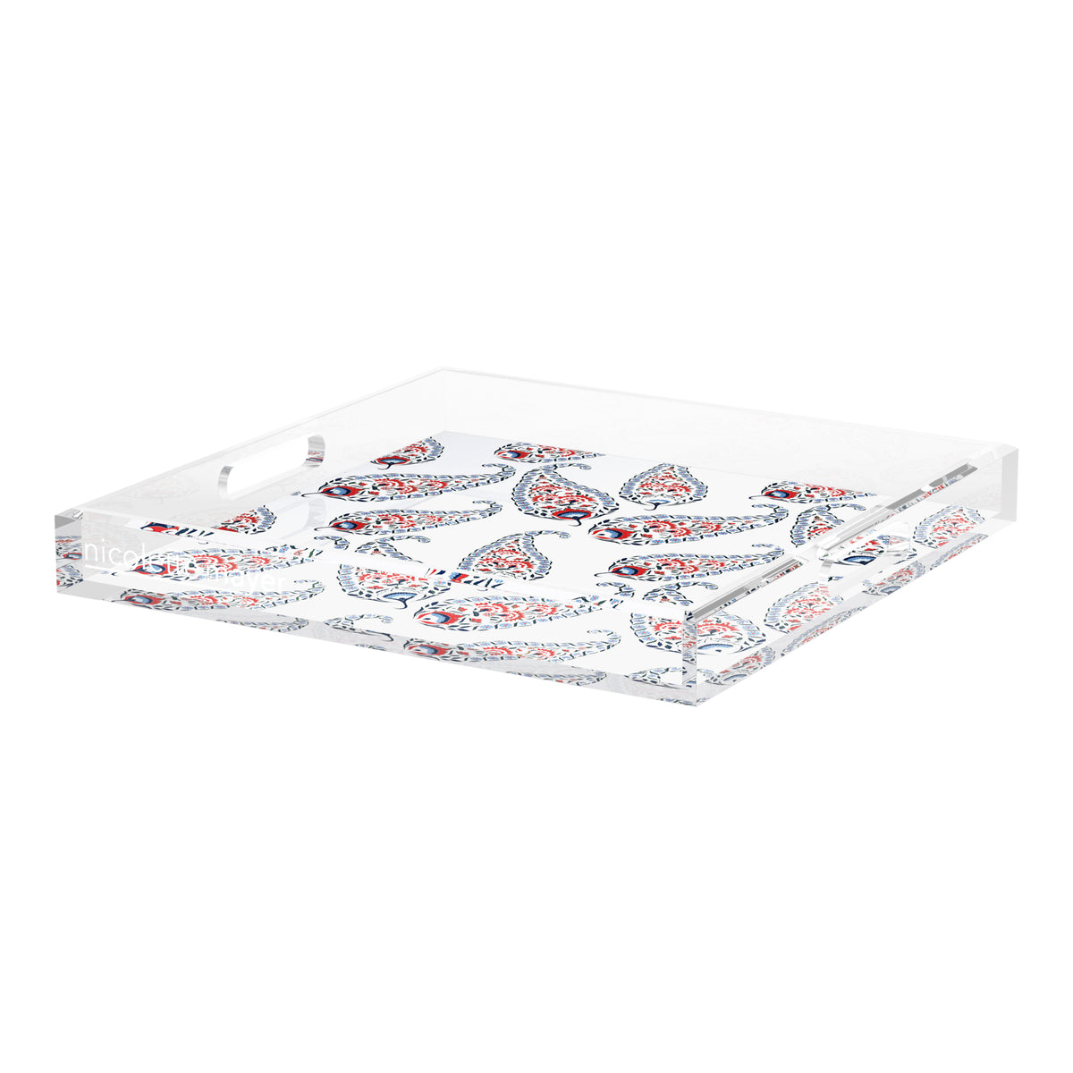 Indian Paisley Red Blue Acrylic Decorative Tray, 18 x 18 in. by Nicolette Mayer 