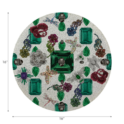 Jewel Box Emeralds White Round Beaded Placemat Smooth