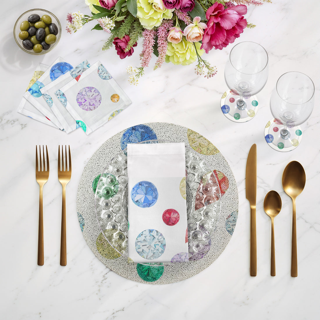 Jewel White Round Beaded Placemat Smooth