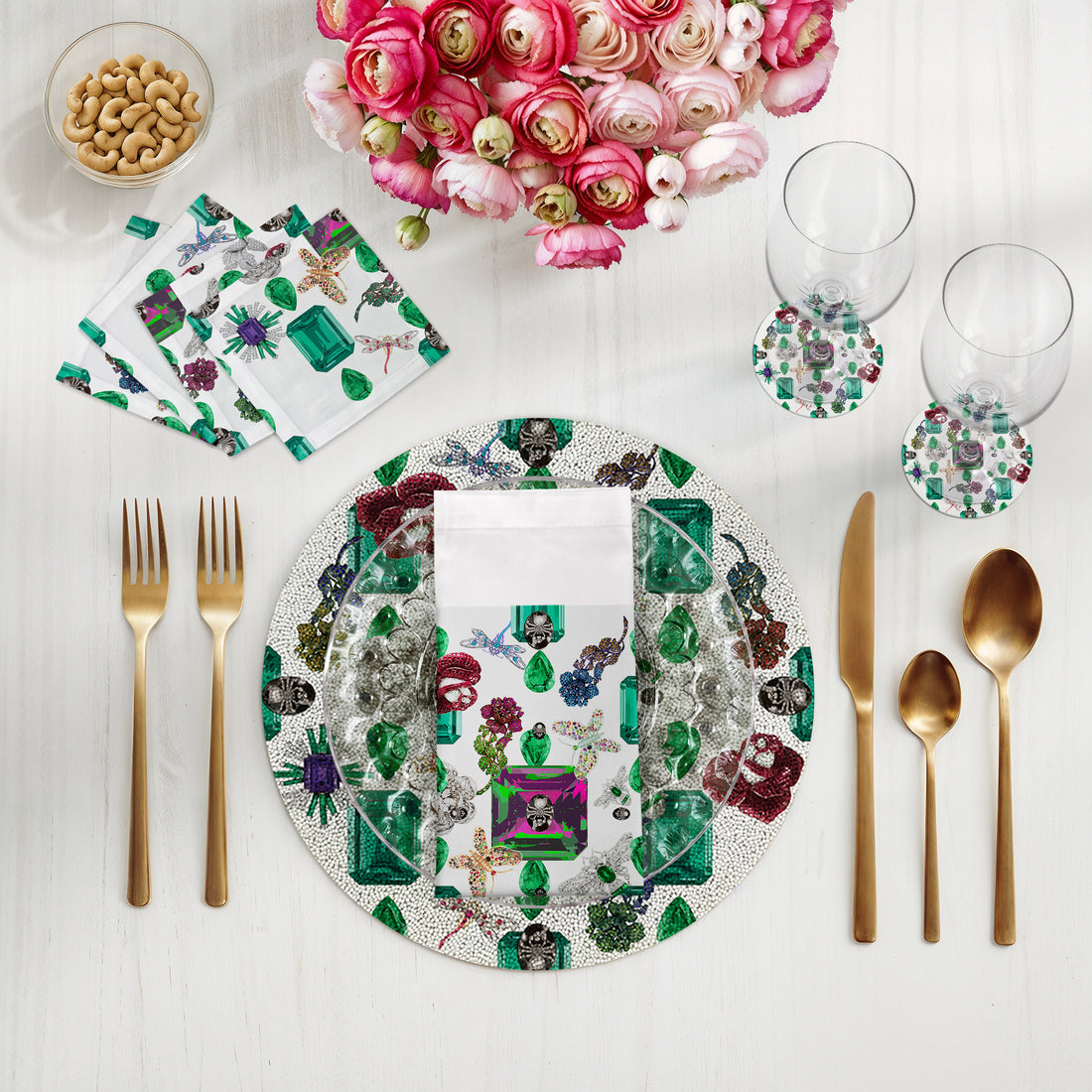 Jewel Box Emeralds White Round Beaded Placemat Smooth
