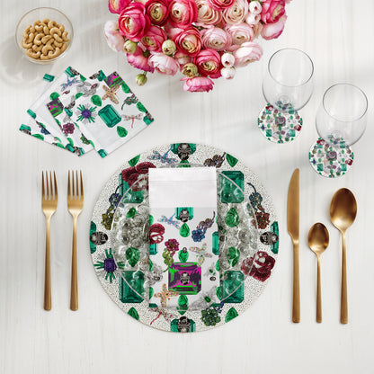 Jewel Box Emeralds White Round Beaded Placemat Smooth