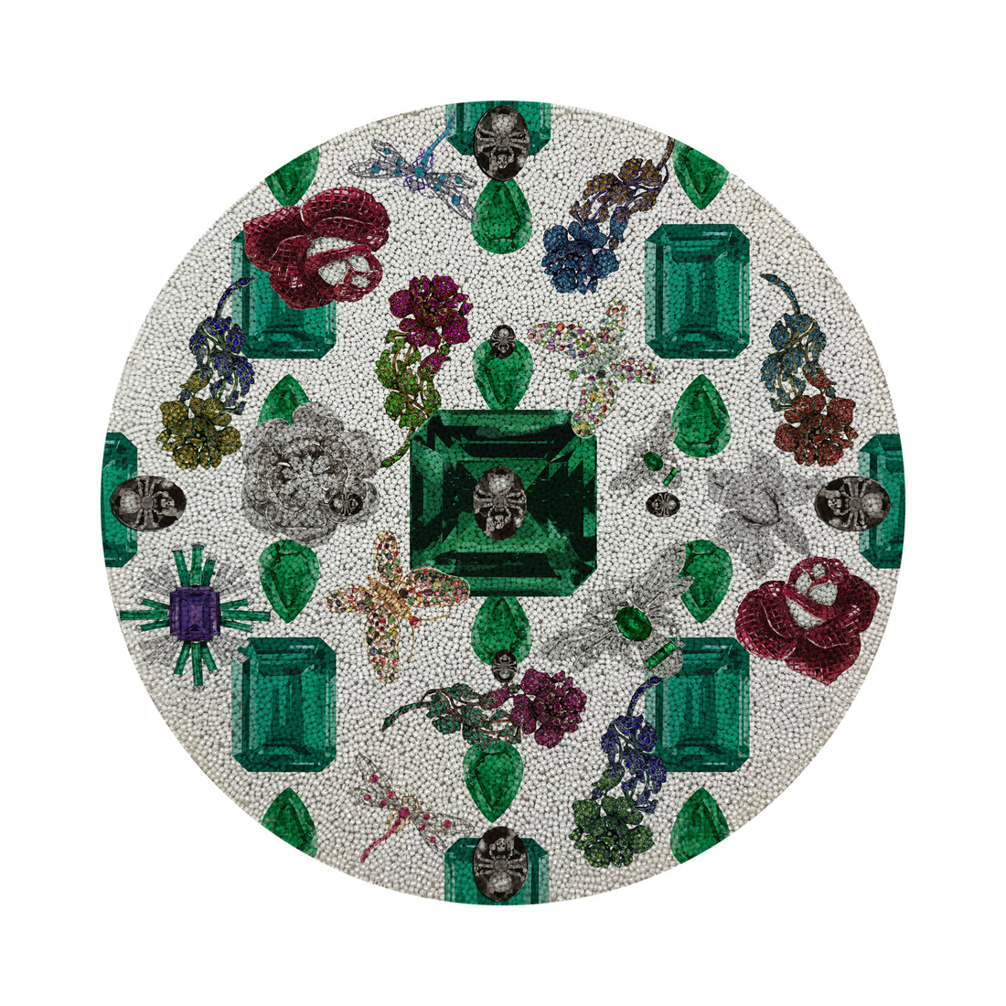 Jewel Box Emeralds White Round Beaded Placemat Smooth