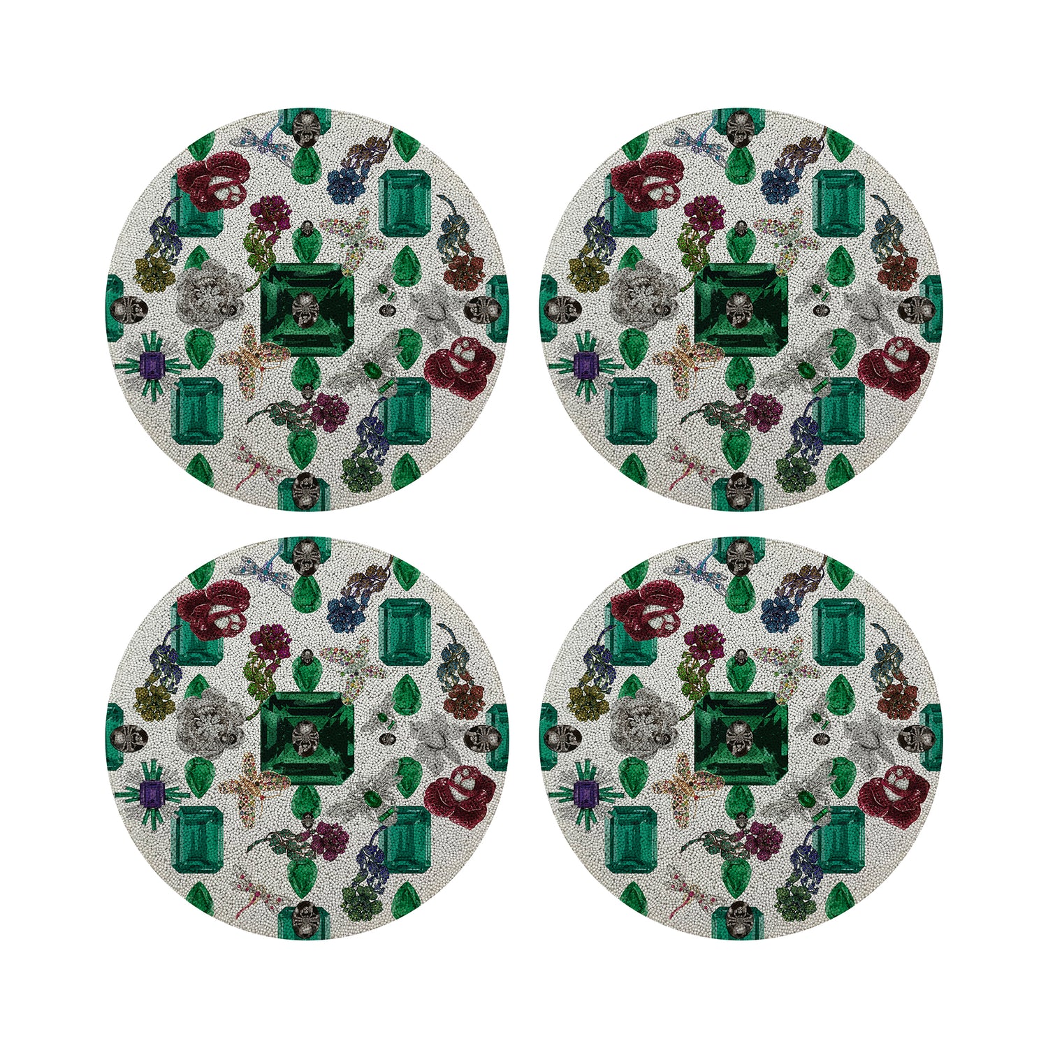 Jewel Box Emeralds White Round Beaded Placemat Smooth
