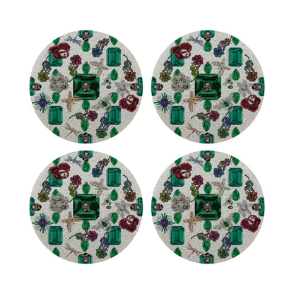 Jewel Box Emeralds White Round Beaded Placemat Smooth