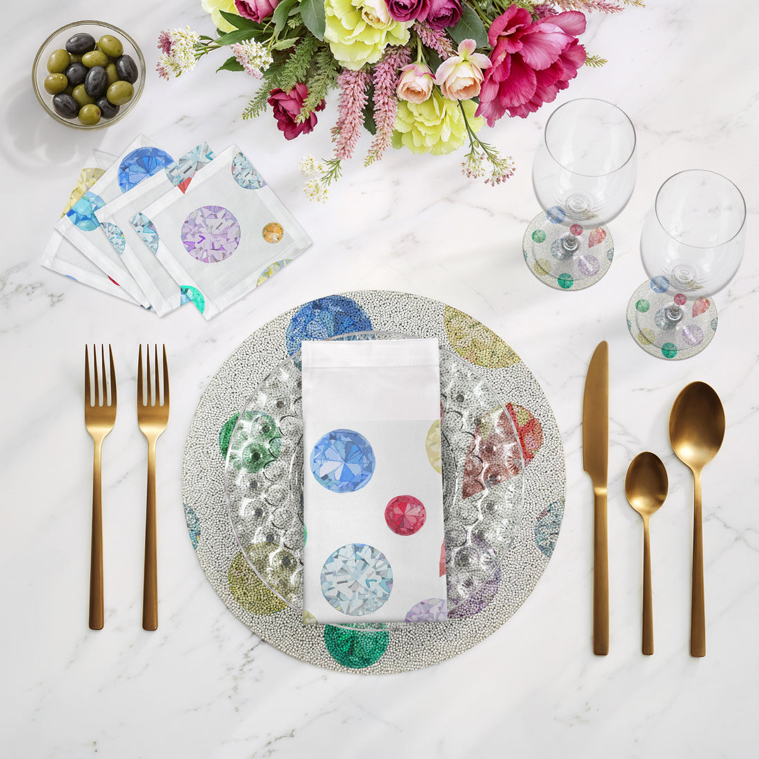 Jewel White Round Beaded Placemat Smooth