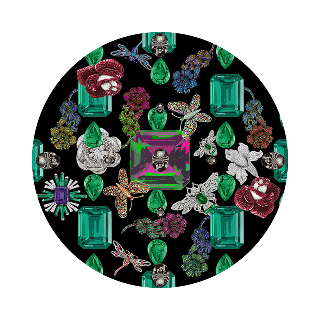 Jewel Box Emeralds Black Vegan Leather Round Pebble Placemat