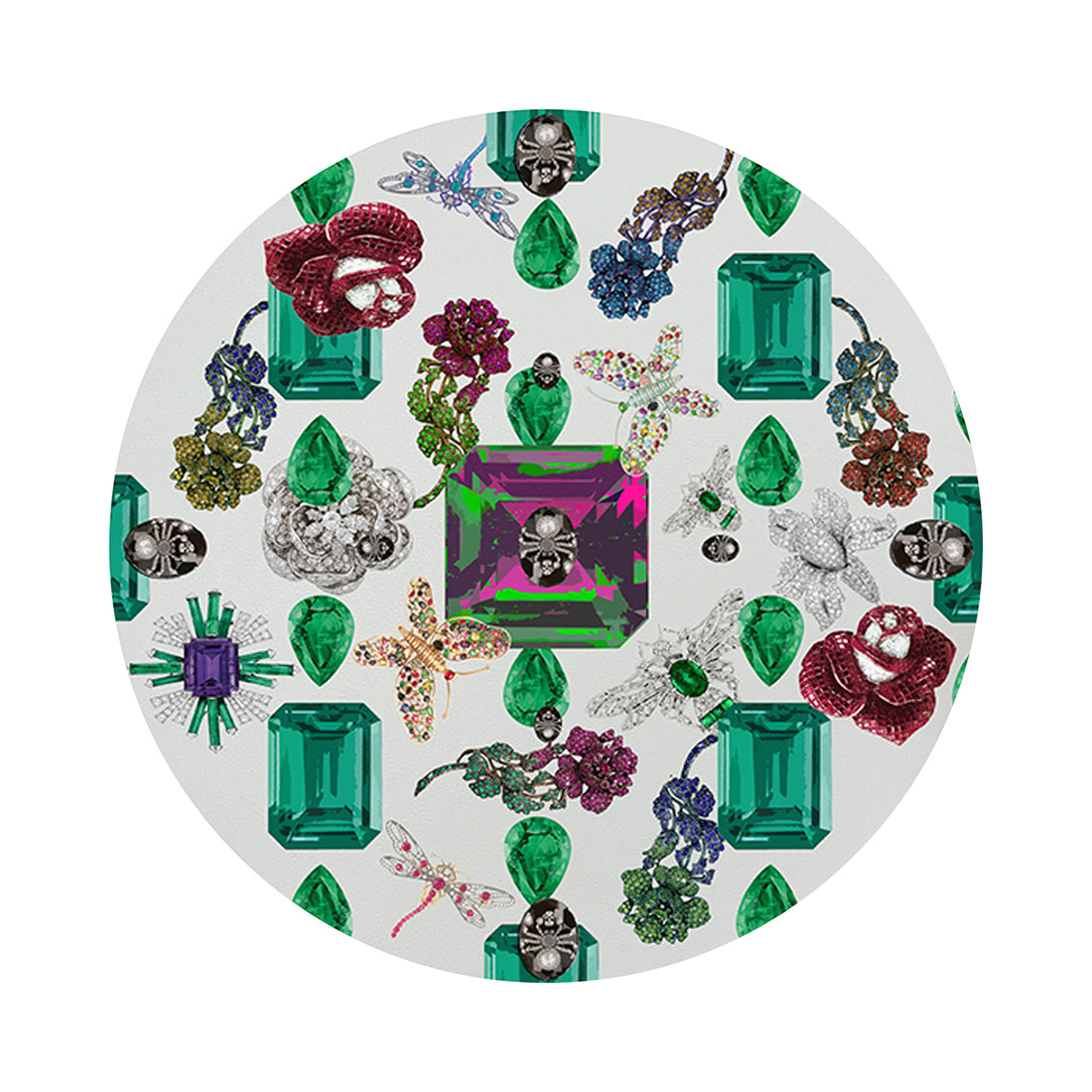Jewel Box Emeralds White Vegan Leather Round Pebble Placemat