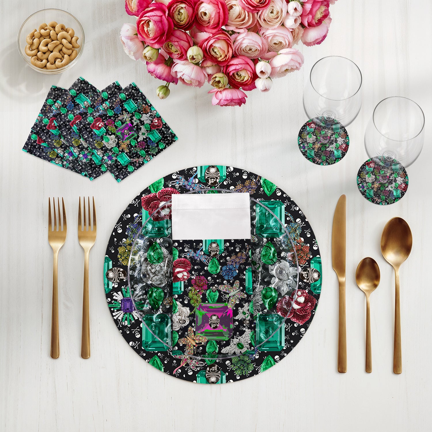 Jewel Box Emeralds Skulls Black Vegan Leather Round Coasters