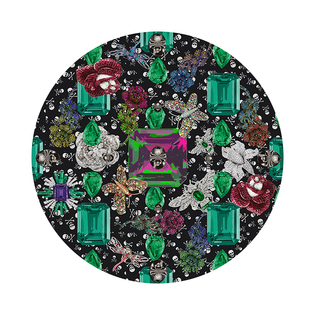 Jewel Box Emeralds Skulls Black 16&quot; Round Pebble Placemat Set of 4 - nicolettemayer.com