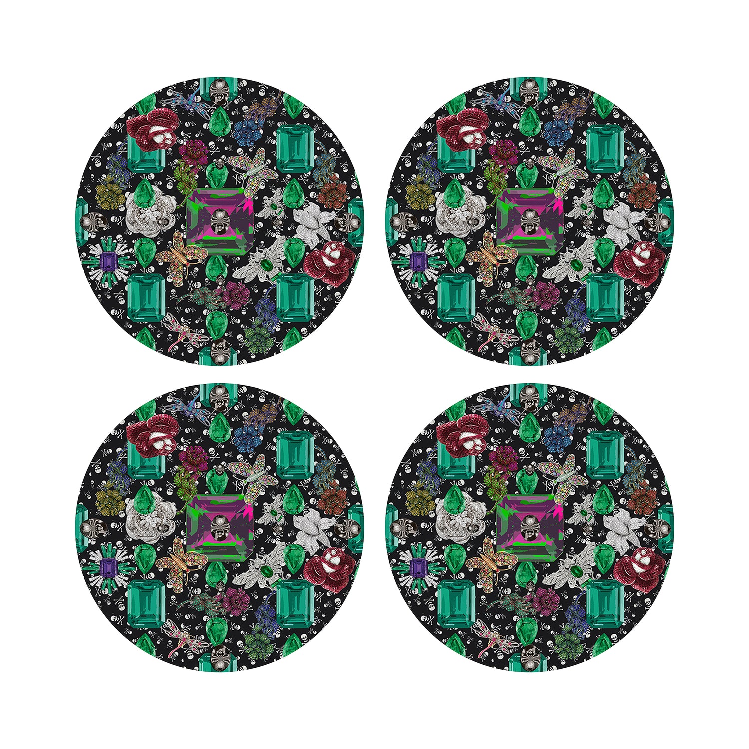 Jewel Box Emeralds Skulls Black 16&quot; Round Pebble Placemats, Set of 4 - nicolettemayer.com
