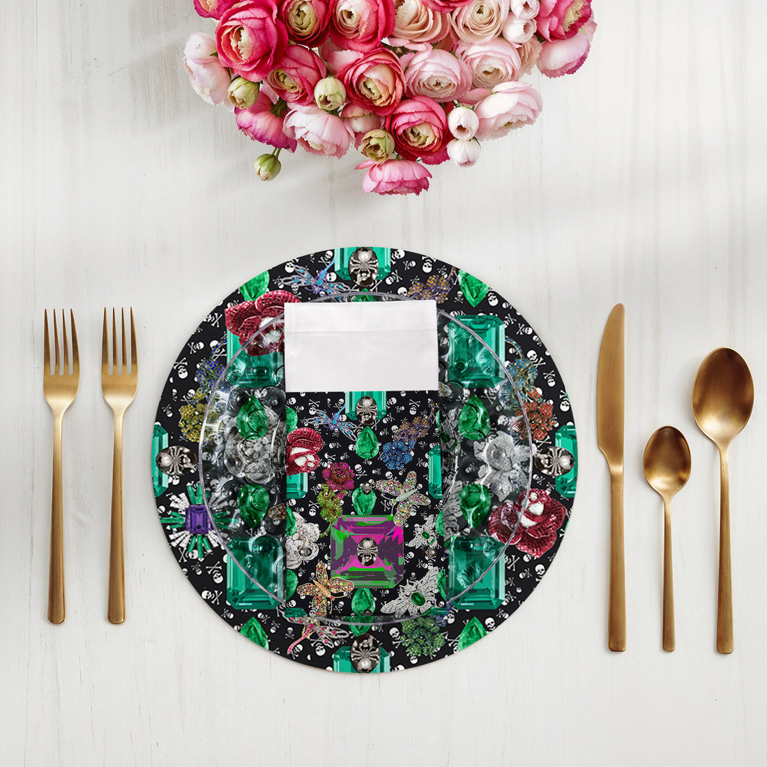 Jewel Box Emeralds Skulls Black Cotton Sateen Dinner Napkins - nicolettemayer.com