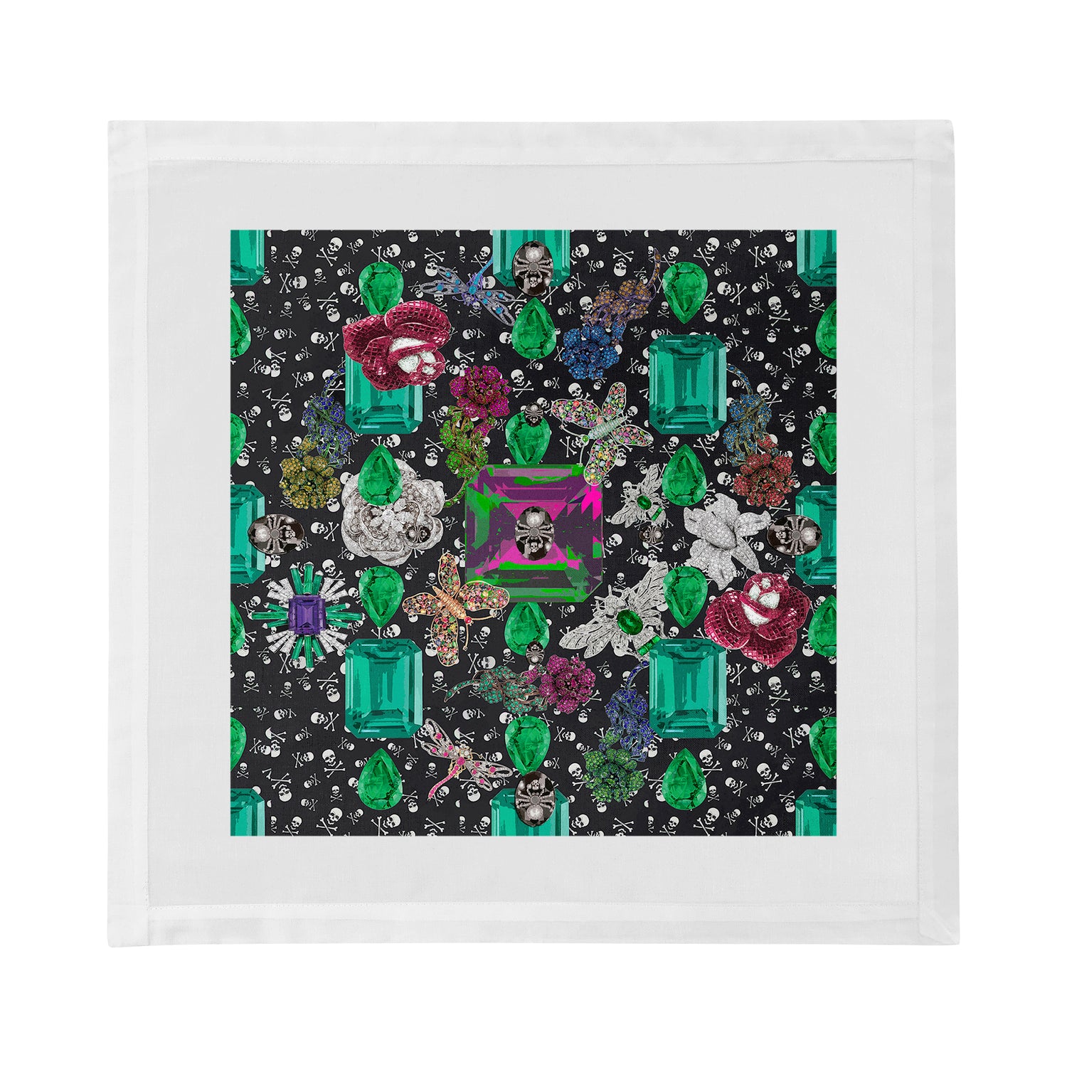 Jewel Box Emeralds Skulls Black Cotton Sateen Dinner Napkins - nicolettemayer.com