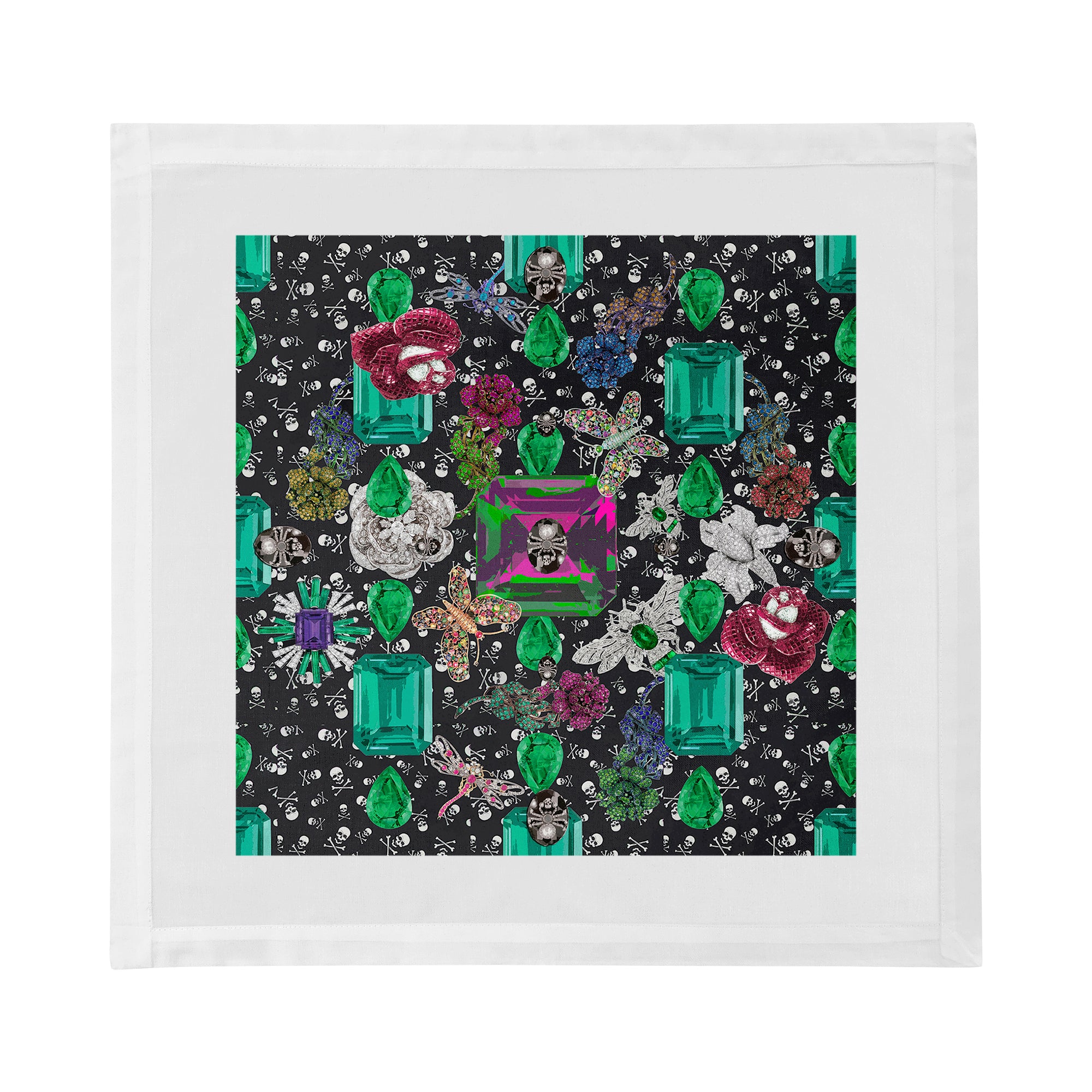 Jewel Box Emeralds Skulls Black Cotton Sateen Dinner Napkins - nicolettemayer.com