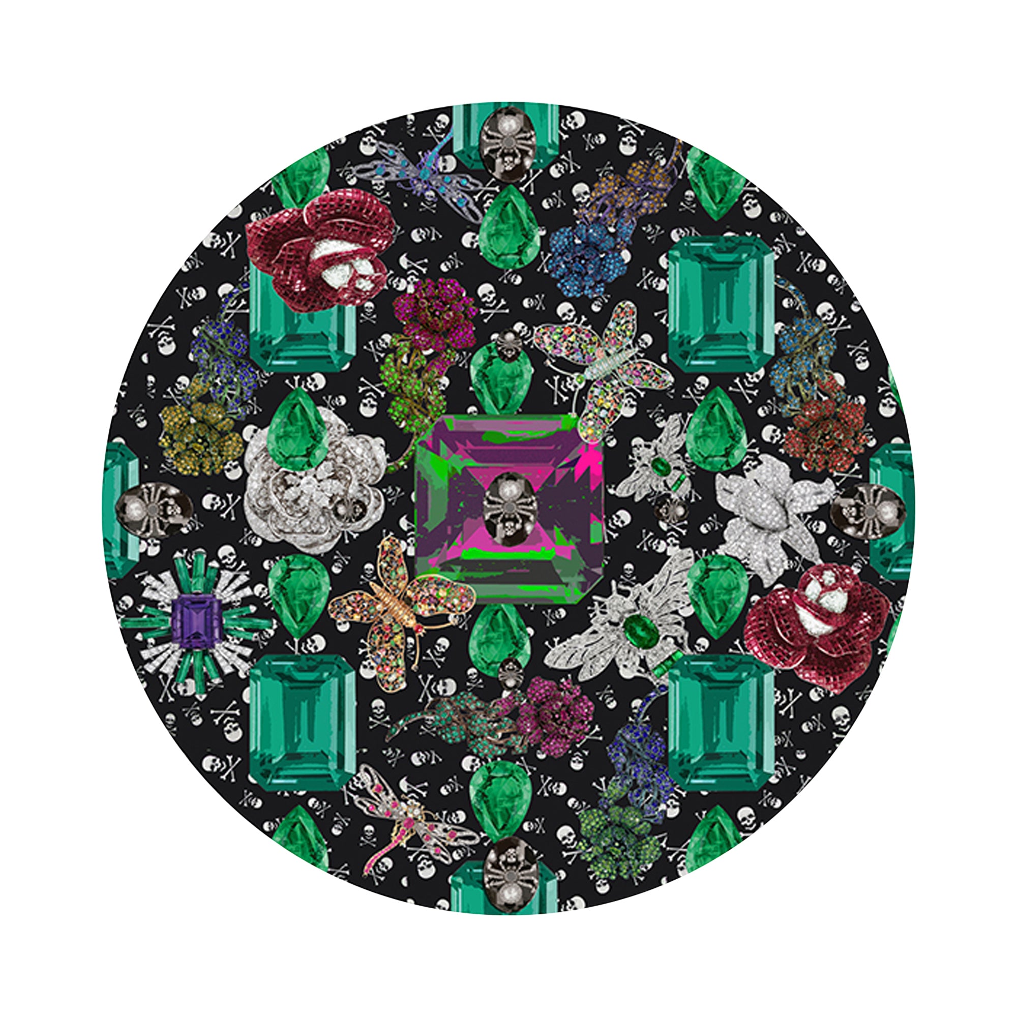 Jewel Box Emeralds Skulls Black Vegan Leather Round Coasters