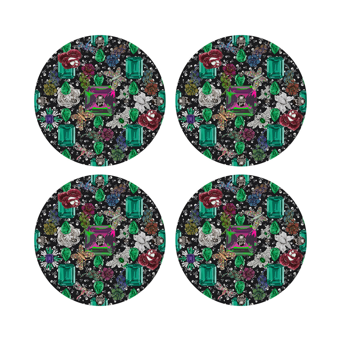 Jewel Box Emeralds Skulls Black Vegan Leather Round Coasters