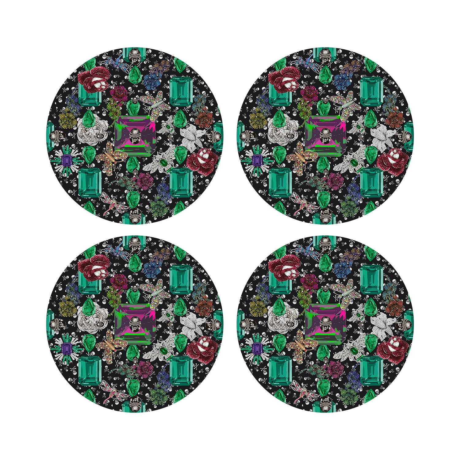 Jewel Box Emeralds Skulls Black Vegan Leather Round Coasters