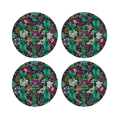 Jewel Box Emeralds Skulls Black Vegan Leather Round Coasters