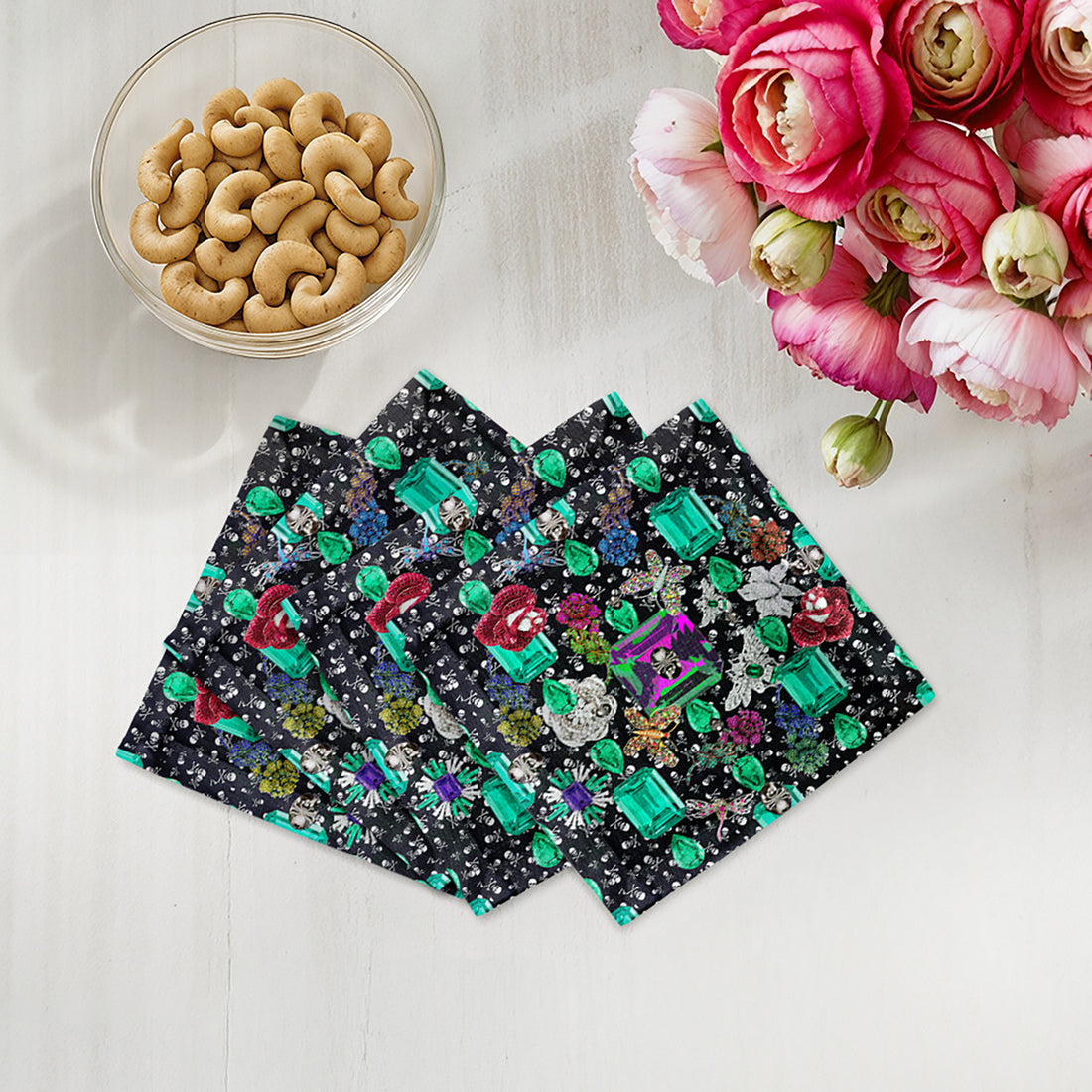 Jewel Box Emeralds Skulls Cotton Sateen Cocktail Napkins