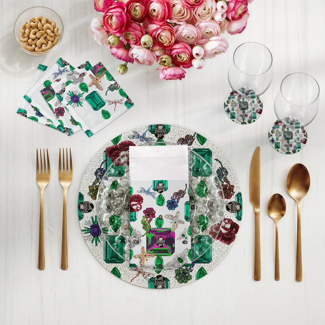 Jewel Box Emeralds White Round Beaded Placemat Smooth