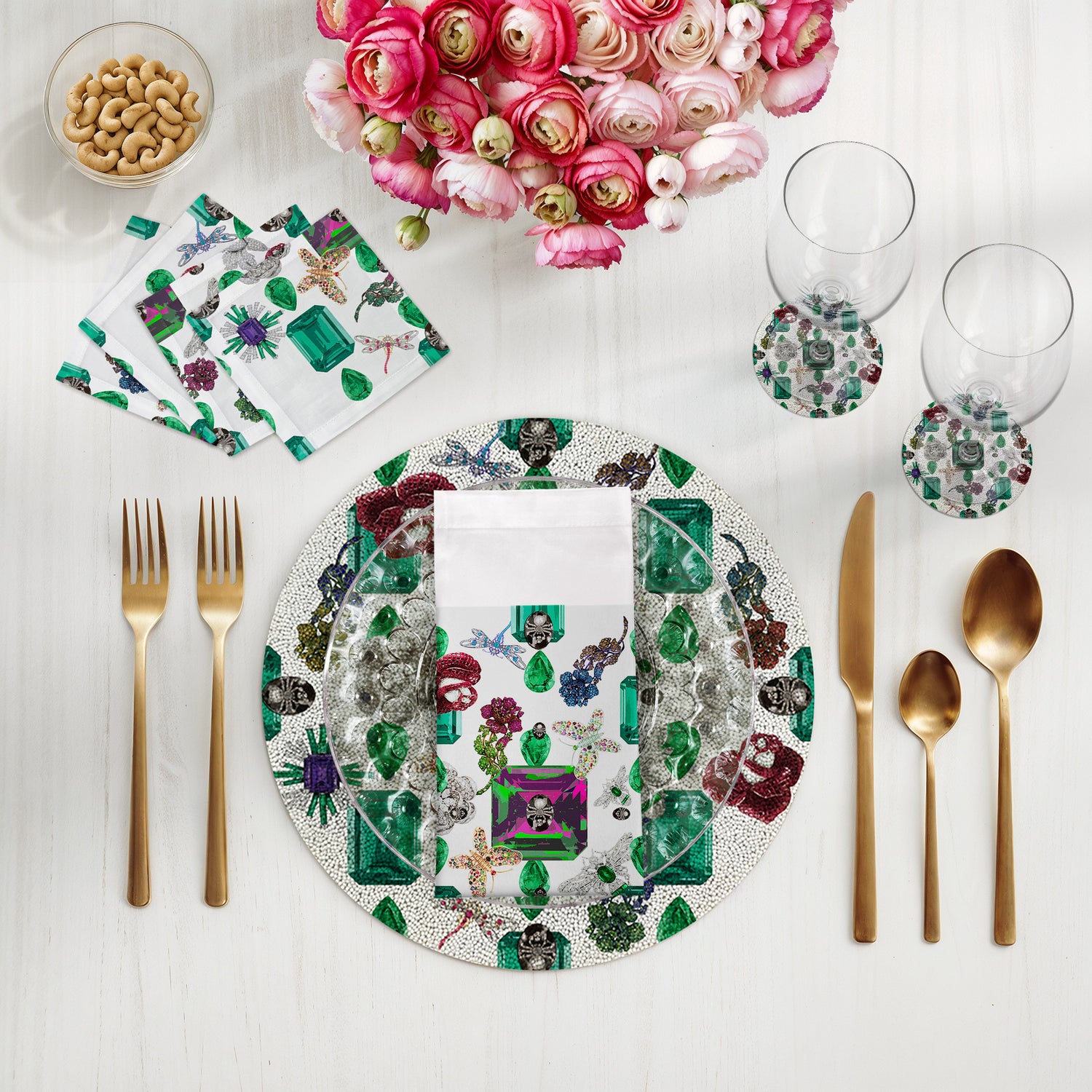 Jewel Box Emeralds White Round Beaded Placemat Smooth