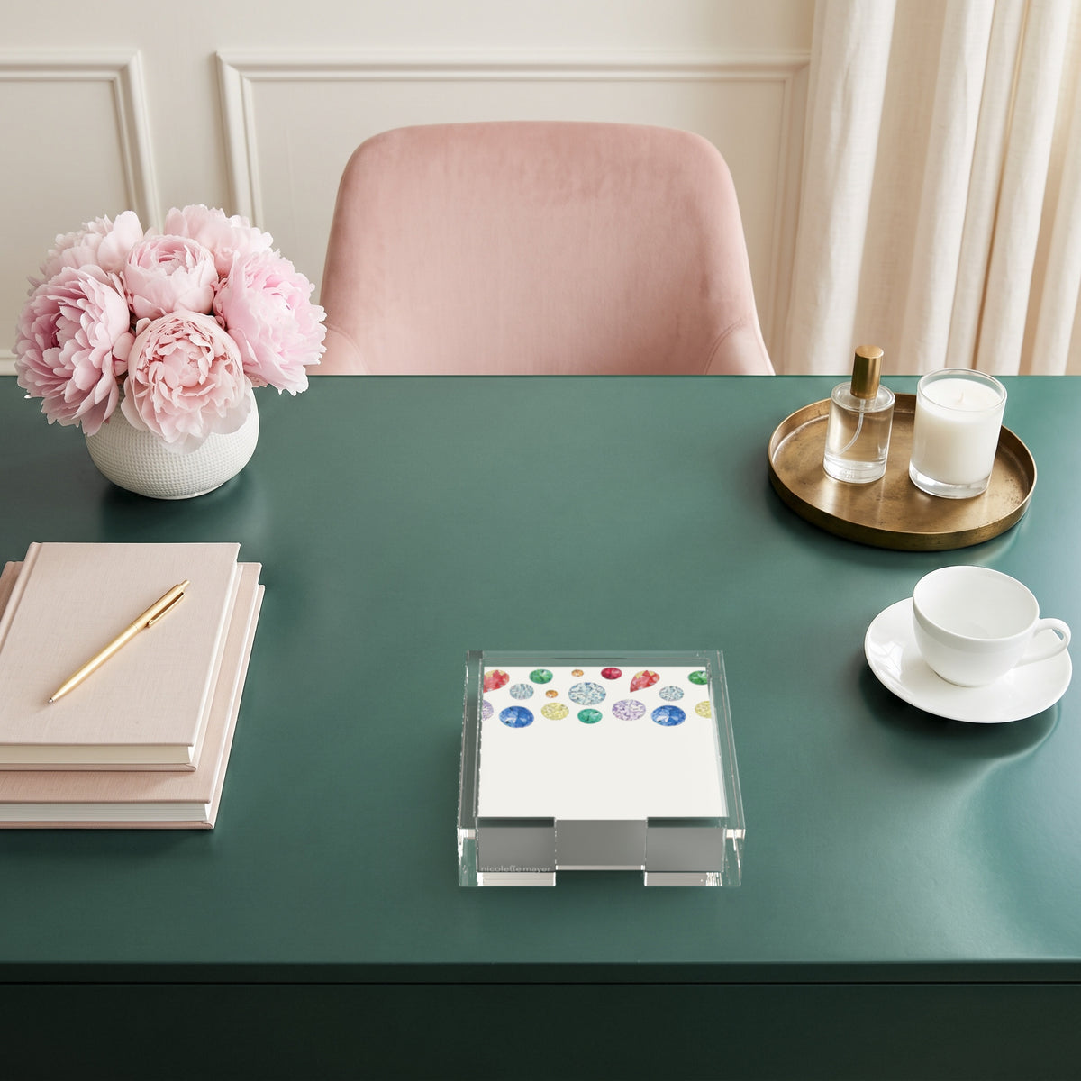 Jewel White note cards in a clear acrylic holder on a green desk by Nicolette Mayer