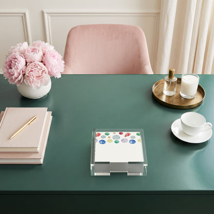 Jewel White note cards in a clear acrylic holder on a green desk by Nicolette Mayer