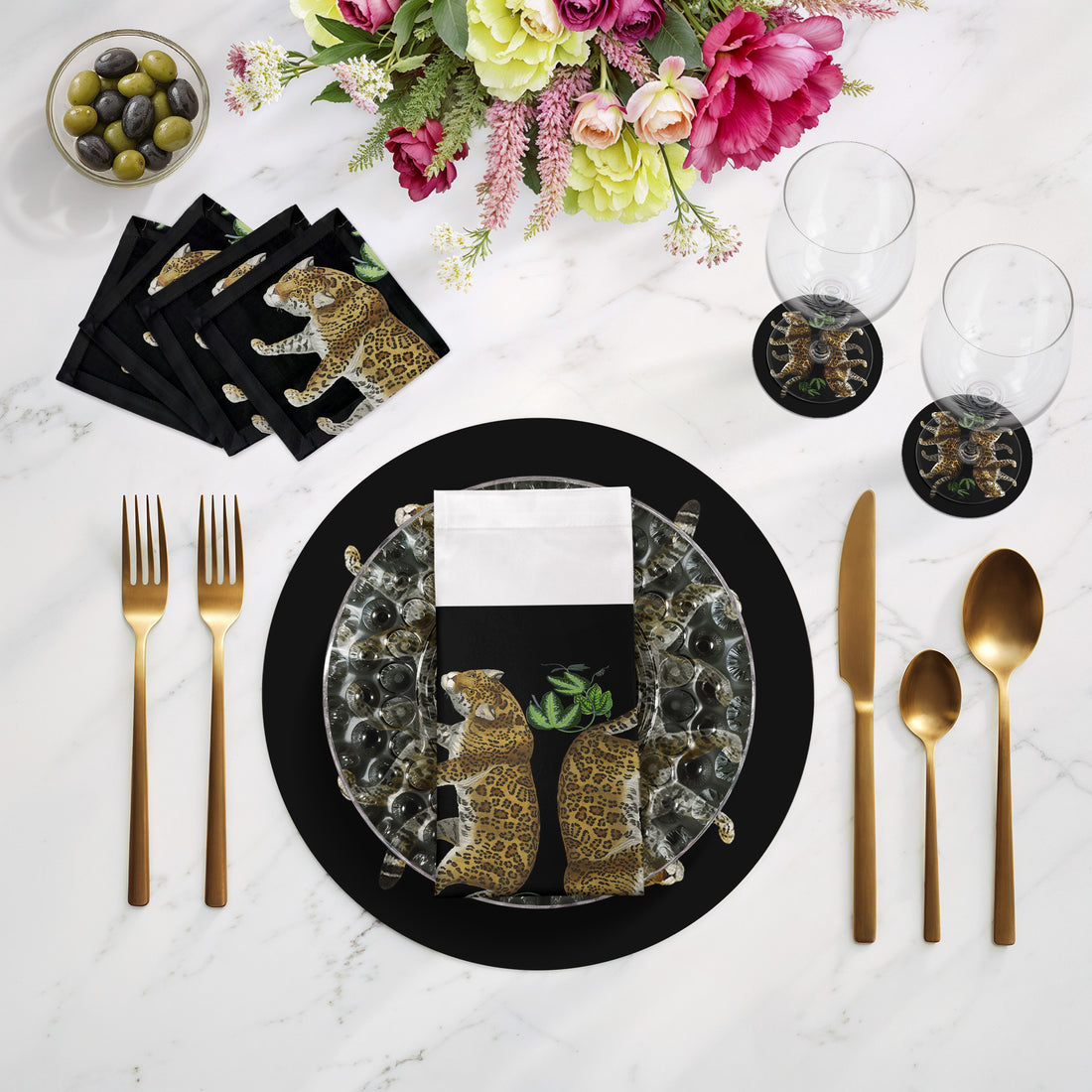 Lot de 4 sets de table ronds en galets motif léopard Seeing Double Black, 40 cm