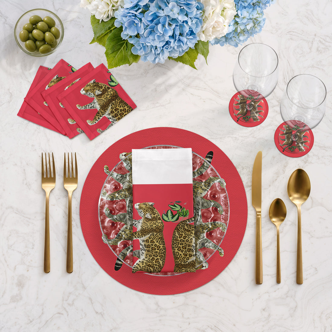 Leopard Seeing Double Crimson Vegan Leather Round Pebble Placemat