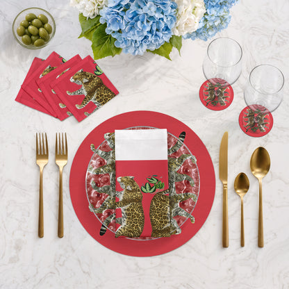 Leopard Seeing Double Crimson Vegan Leather Round Pebble Placemat