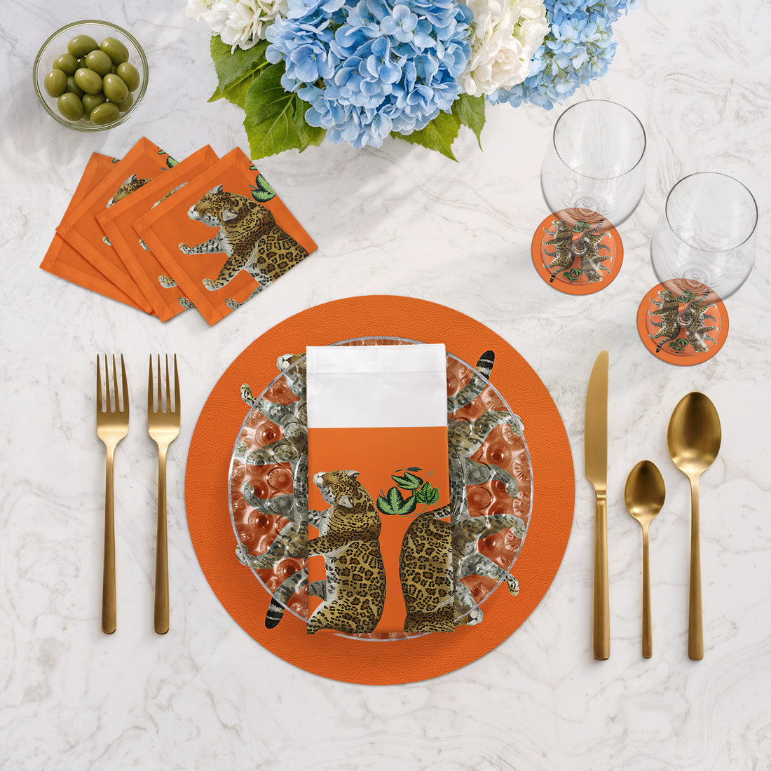 Leopard Seeing Double Orange Vegan Leather Round Pebble Placemat