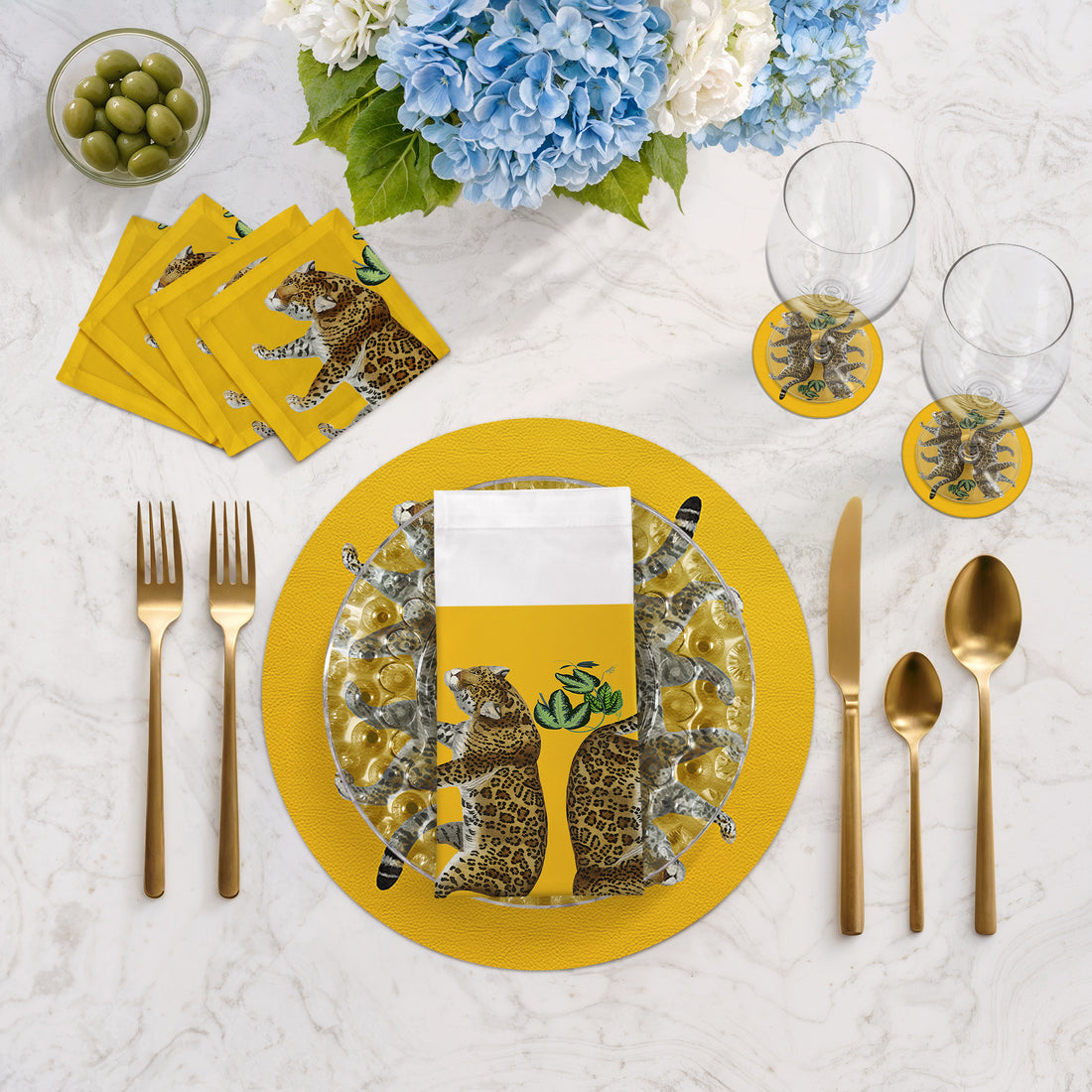 Leopard Seeing Double Yellow Vegan Leather Round Pebble Placemat