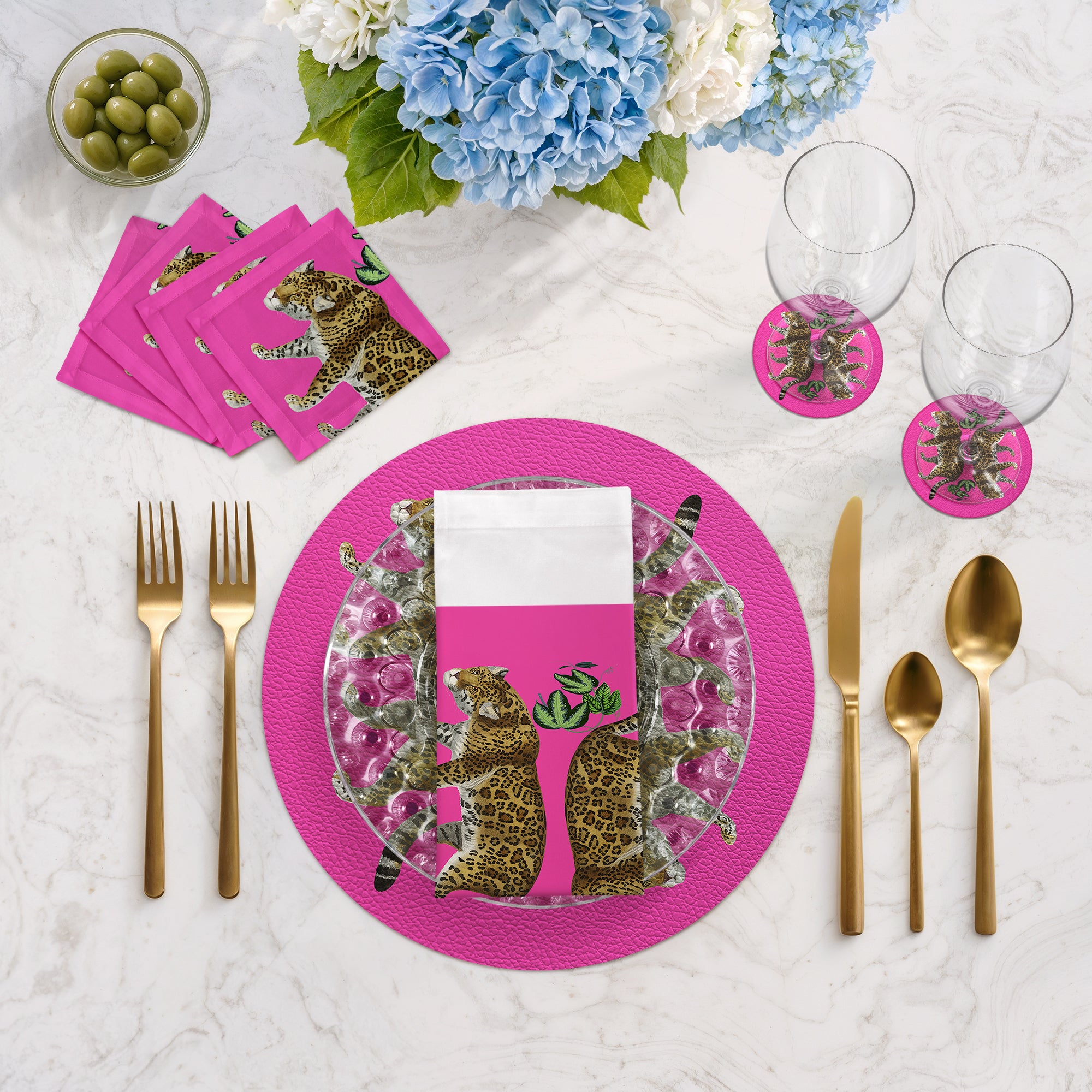 Leopard Seeing Double Hot Pink Vegan Leather Round Pebble Placemat