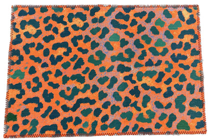 Leopard Skin Orange Teal Microfiber Rectangle Washable Rug