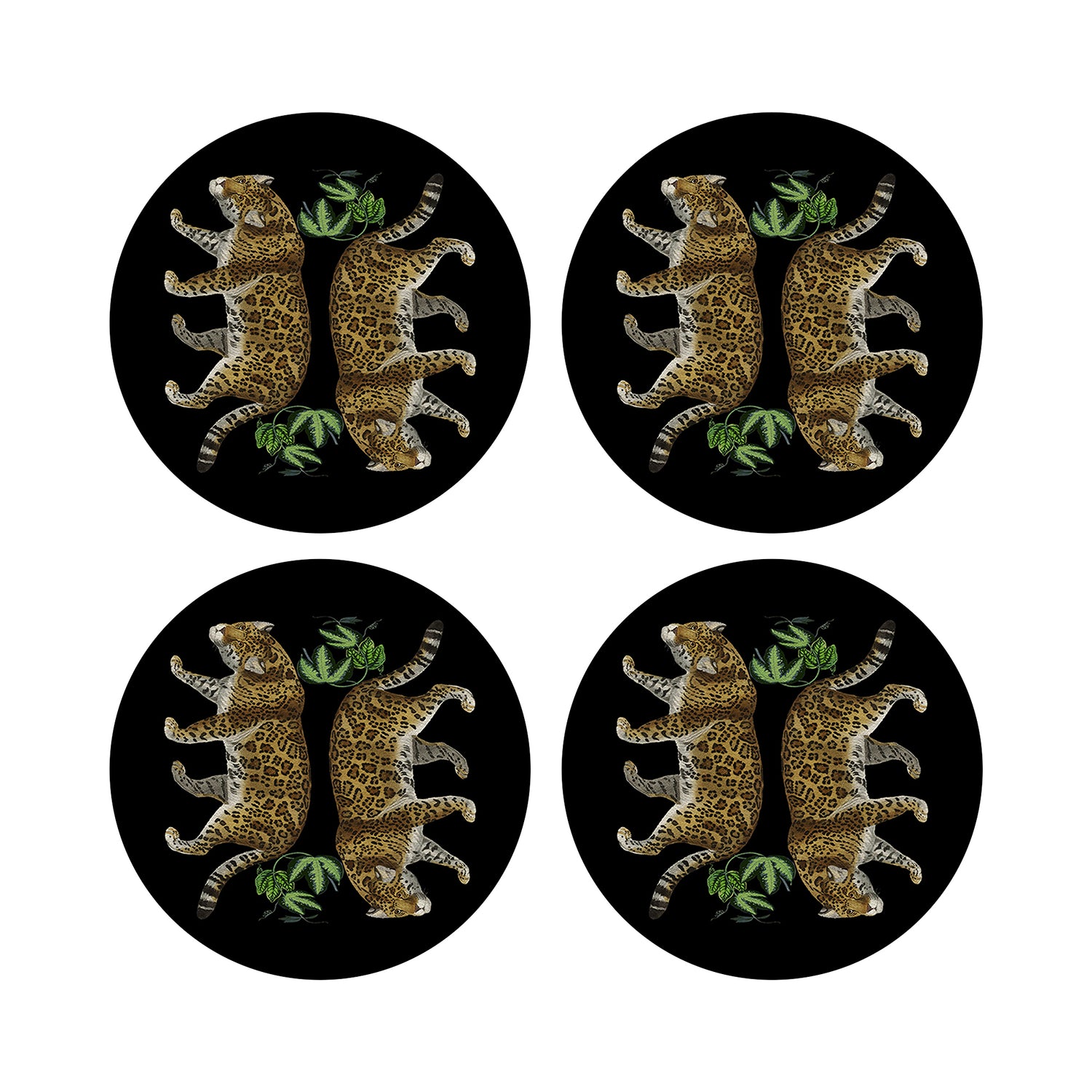 Leopard Seeing Double Black Vegan Leather Round Pebble Placemat