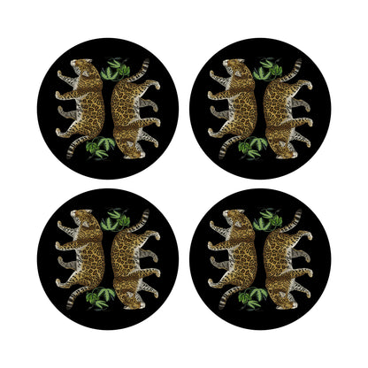 Leopard Seeing Double Black Vegan Leather Round Pebble Placemat